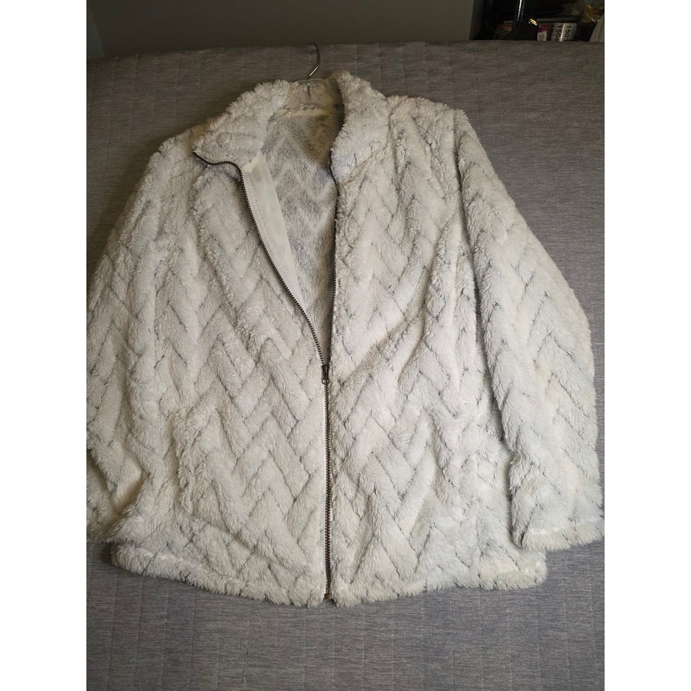 1449 St Johns Bay Active Womens White Chevron Plush Fleece Full Zip Jacket Large